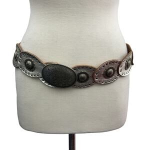 Fossil Silver Tone Studded Hand Tooled Leather & Metal Women's Belt - Size M